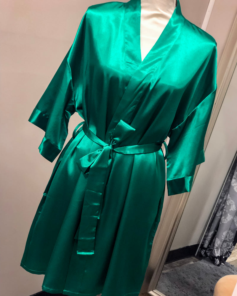 Satin Kimono Short Robe - Emerald Green
