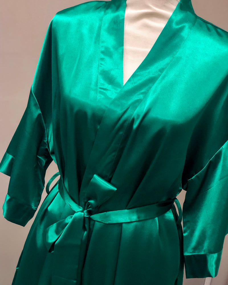 Satin Kimono Short Robe - Emerald Green