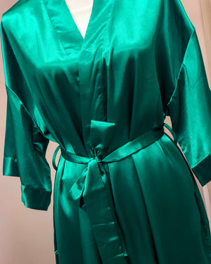 Satin Kimono Short Robe - Emerald Green