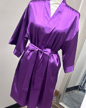 Satin Kimono Short Robe - Purple