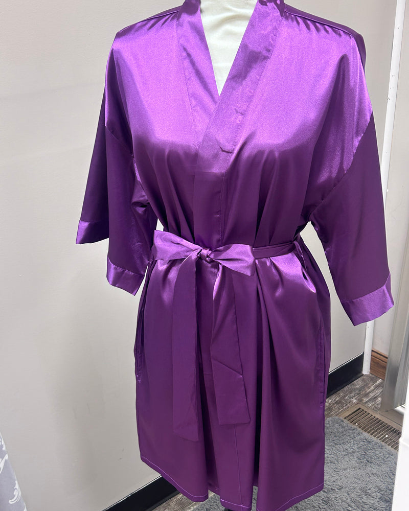 Satin Kimono Short Robe - Purple