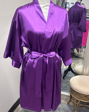 Satin Kimono Short Robe - Purple