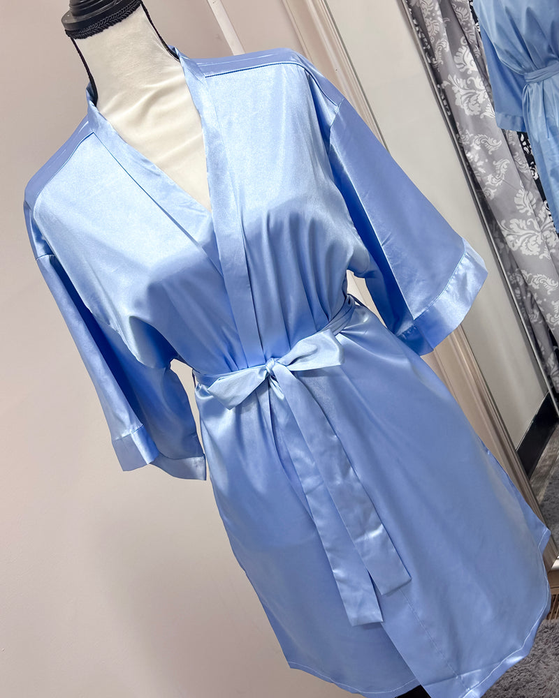 Satin Kimono Short Robe - Airy Blue