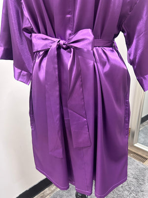 Satin Kimono Short Robe - Purple