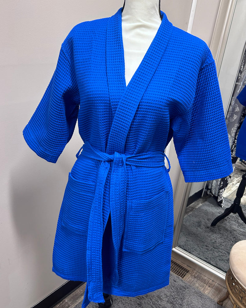 Waffle Kimono Pink Short Robe - Lapis Blue
