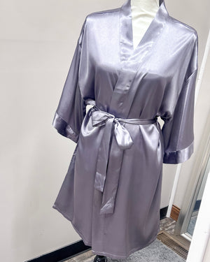 Satin Kimono Short Robe - Charcoal