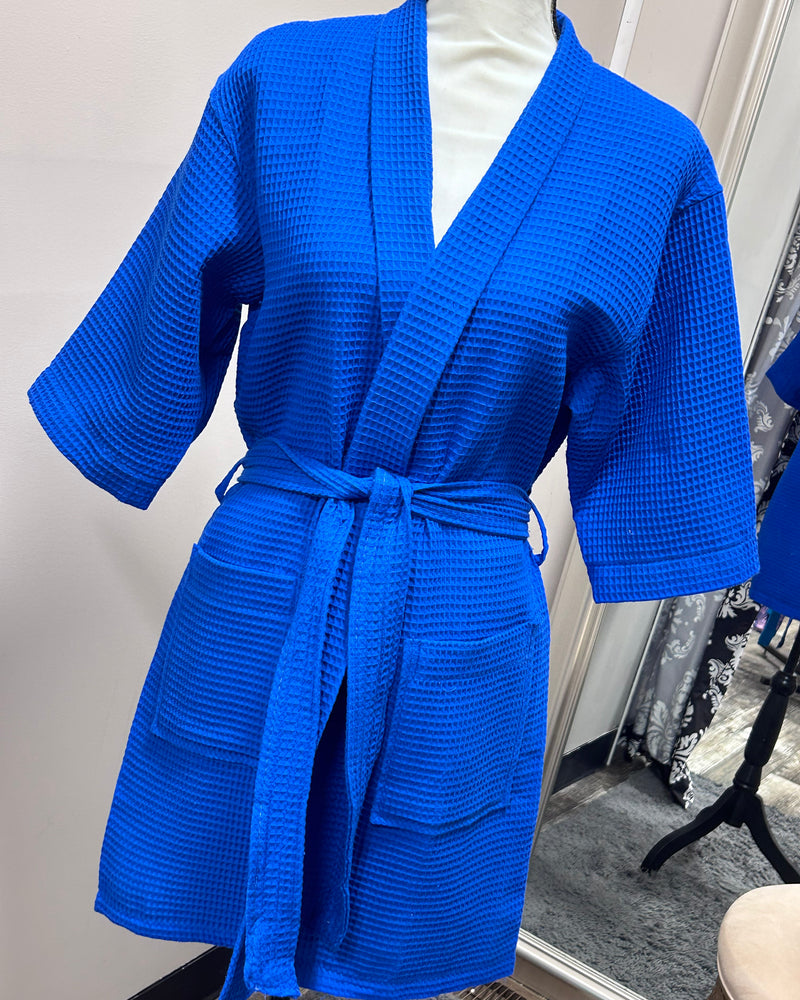 Waffle Kimono Pink Short Robe - Lapis Blue