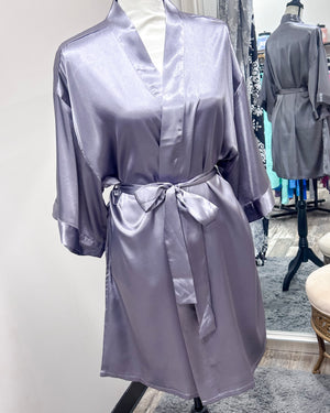 Satin Kimono Short Robe - Charcoal