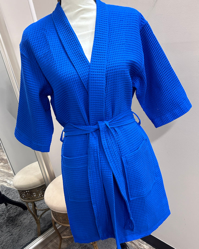 Waffle Kimono Pink Short Robe - Lapis Blue