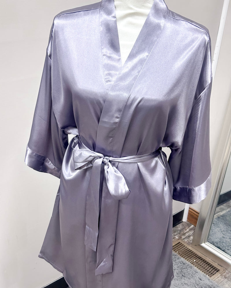 Satin Kimono Short Robe - Charcoal
