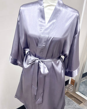 Satin Kimono Short Robe - Charcoal