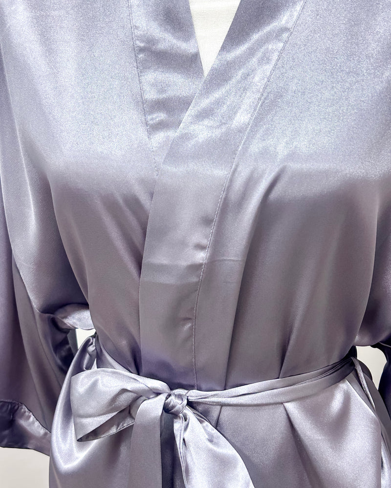 Satin Kimono Short Robe - Charcoal