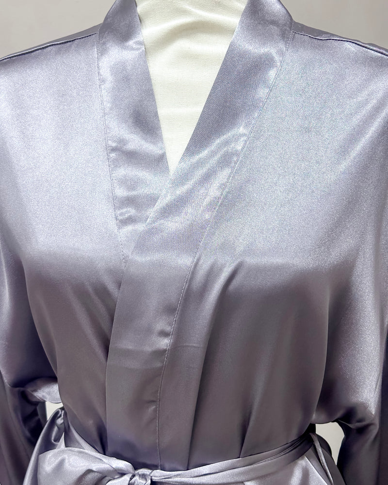 Satin Kimono Short Robe - Charcoal