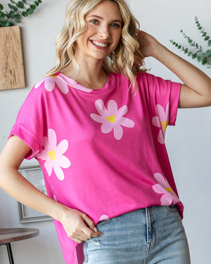 Floral Print Round Neck - Fuchsia