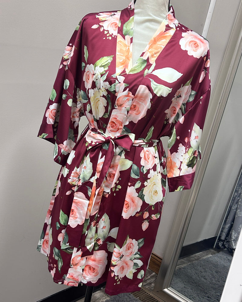Satin Floral Kimono Short Robe - Wine Red