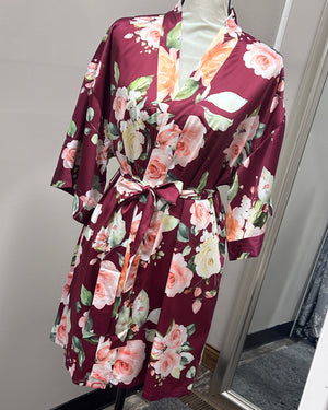 Satin Floral Kimono Short Robe - Wine Red