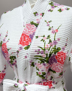 Waffle Kimono Pink Short Robe - White Floral