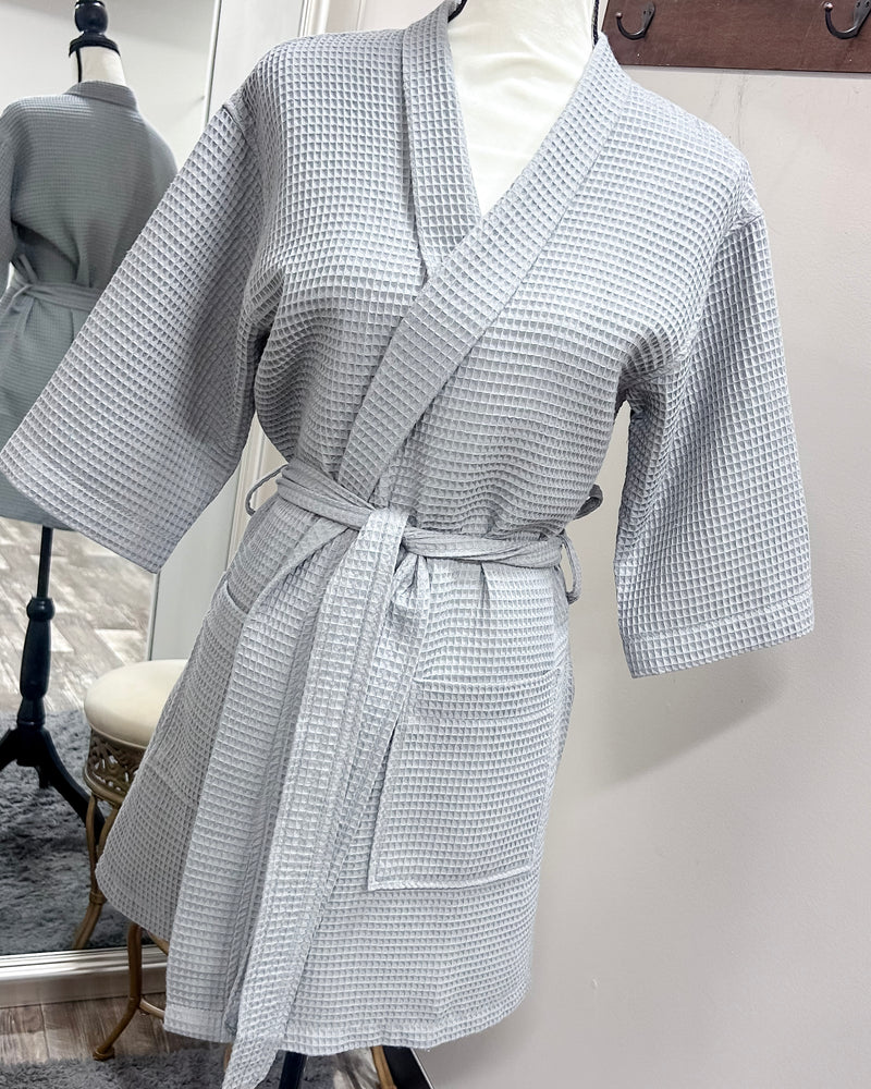 Waffle Kimono Pink Short Robe - Gray