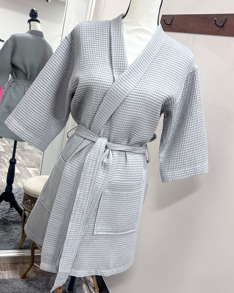 Waffle Kimono Pink Short Robe - Gray