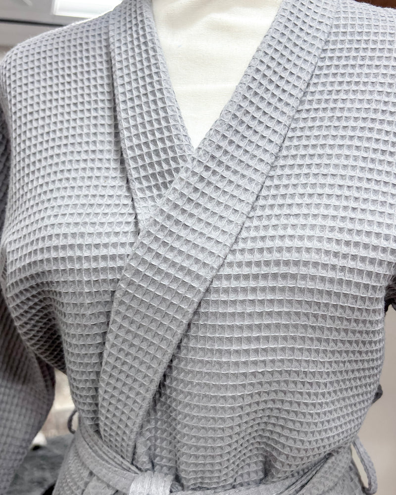 Waffle Kimono Pink Short Robe - Gray