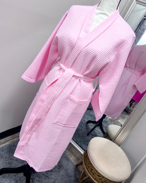 Waffle Kimono Pink Long Robe - Pink