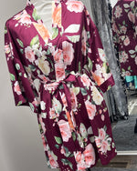 Satin Floral Kimono Short Robe - Wine Red
