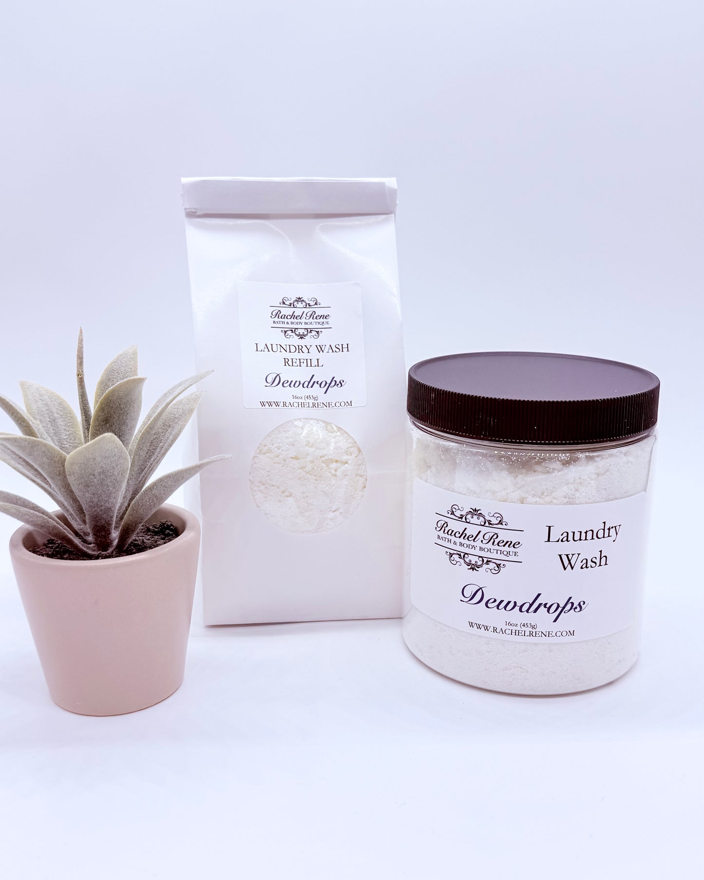 Laundry wash product with packaging and a plant on a white background