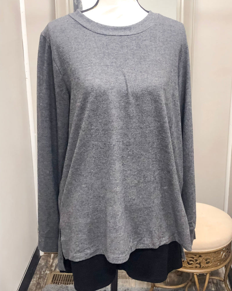 Brushed Knit Round Neck Raglan Sleeve Top - Charcoal