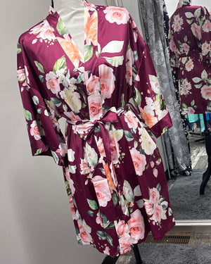 Satin Floral Kimono Short Robe - Wine Red