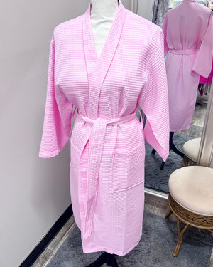 Waffle Kimono Pink Long Robe - Pink