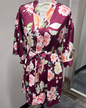 Satin Floral Kimono Short Robe - Wine Red