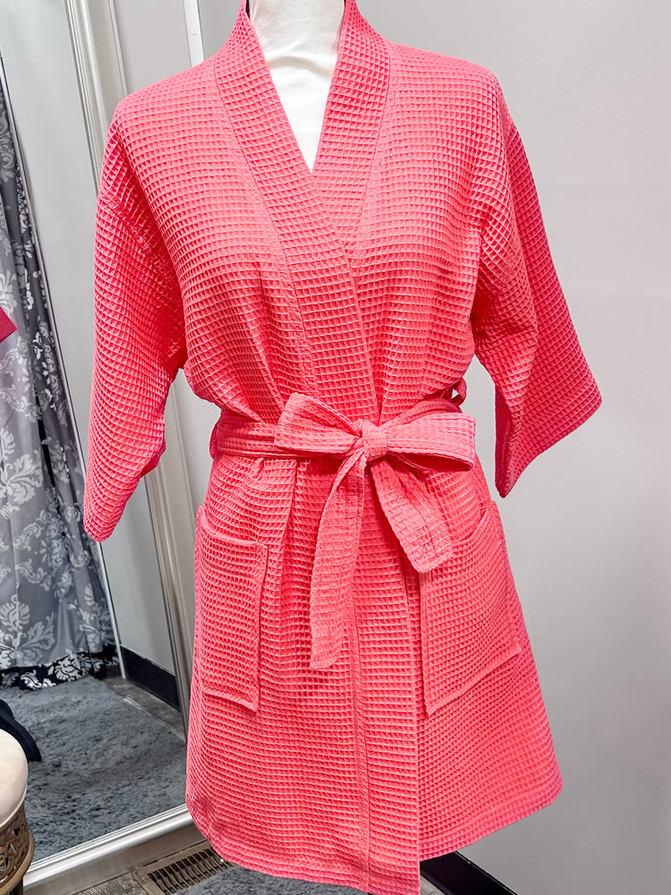 Waffle Kimono Pink Short Robe - Coral