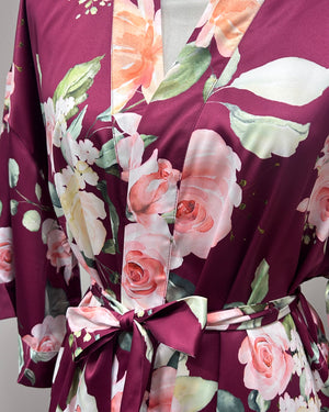 Satin Floral Kimono Short Robe - Wine Red