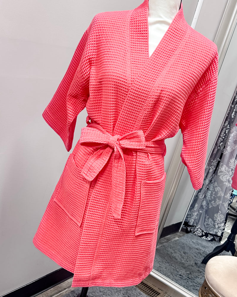 Waffle Kimono Pink Short Robe - Coral