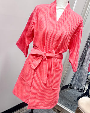 Waffle Kimono Pink Short Robe - Coral