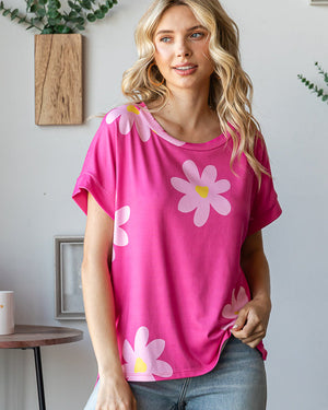 Floral Print Round Neck - Fuchsia