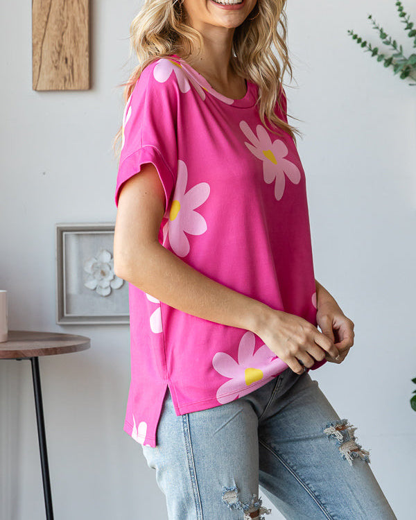 Floral Print Round Neck - Fuchsia