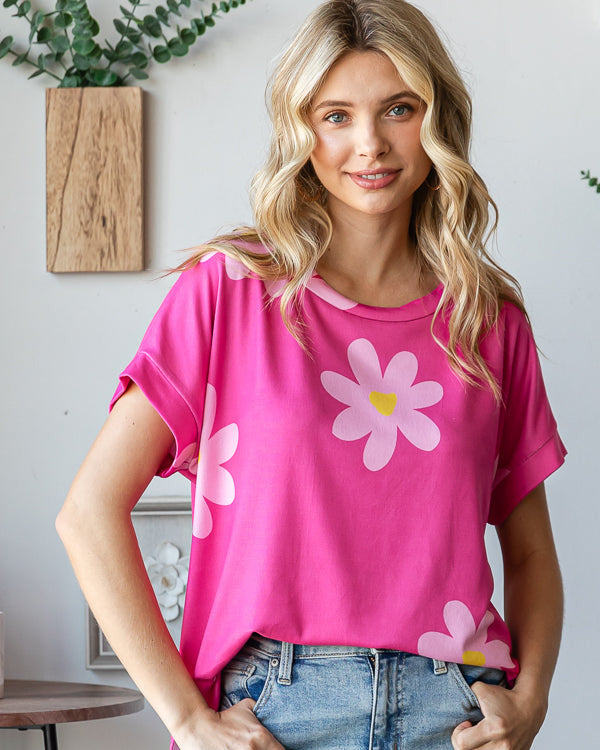 Floral Print Round Neck - Fuchsia