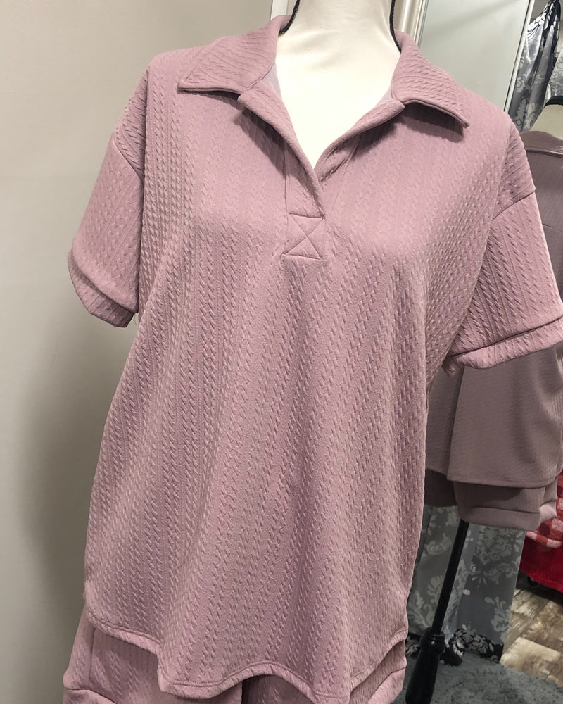 Textured Short Sleeved Collared Lounge Top - Mauve