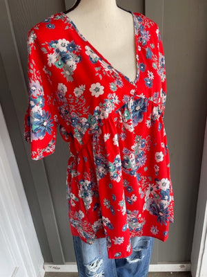 Floral Babydoll Blouse - Red