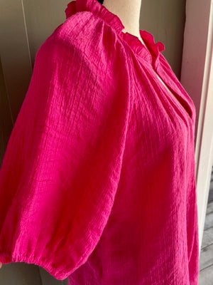 Scrunched Elastic V-Neck- Fuschsia