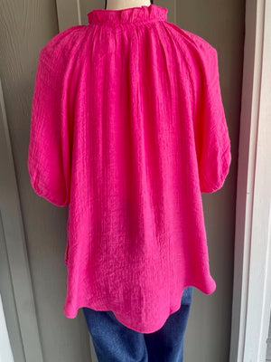 Scrunched Elastic V-Neck- Fuschsia