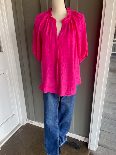 Scrunched Elastic V-Neck- Fuschsia