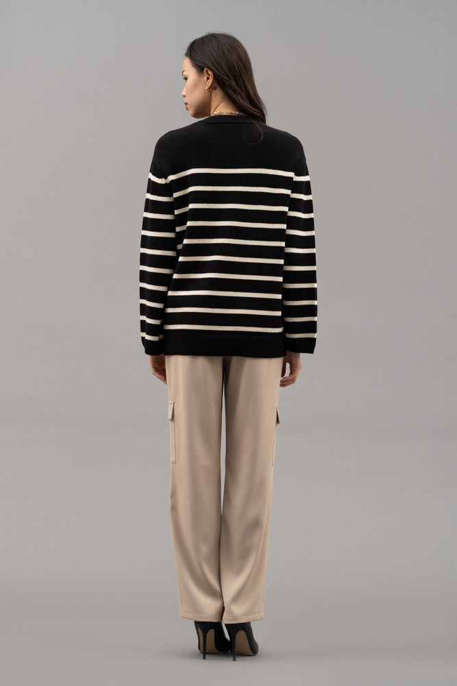Drop Shoulder Striped Knit Sweater - Black
