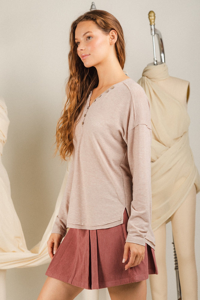 
            
                Load image into Gallery viewer, Button Down V-Neck Knit Henley Top - Oatmeal
            
        