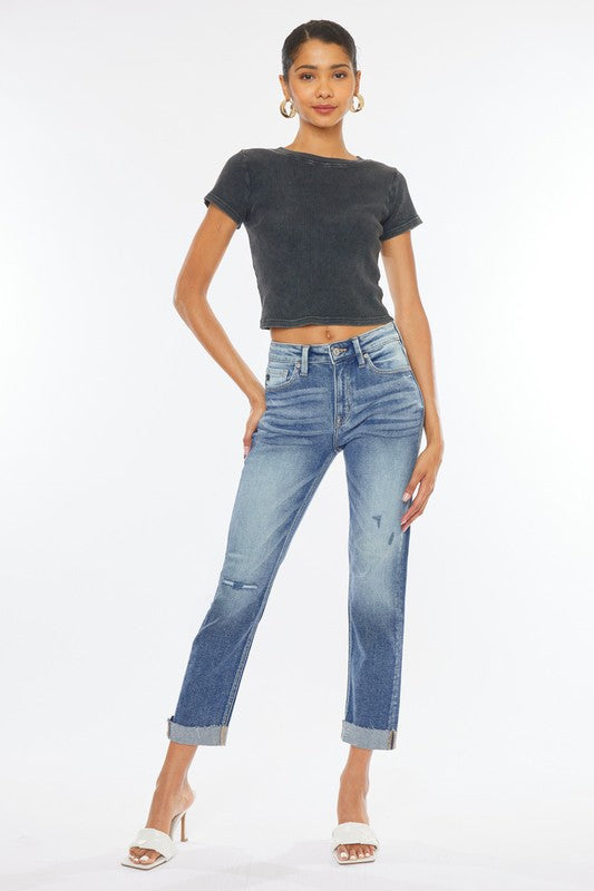 High Rise Cuffed Slim Straight Jeans - Medium