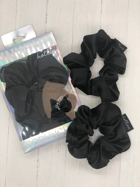 
            
                Load image into Gallery viewer, Two black silk scrunchies.
            
        