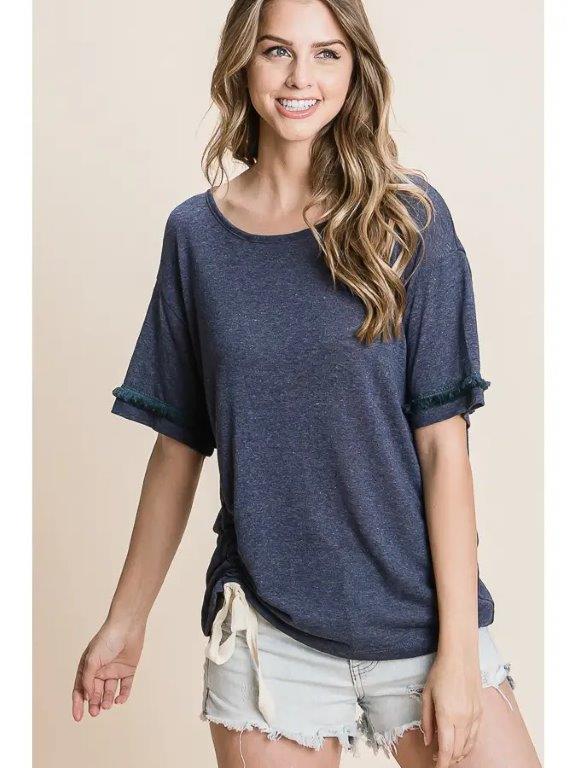 
            
                Load image into Gallery viewer, Navy Linen Fringe Short Sleeve Top
            
        