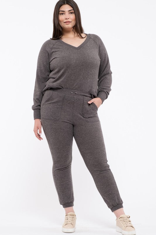 Charcoal V-neck Knit Pullover - PLUS
