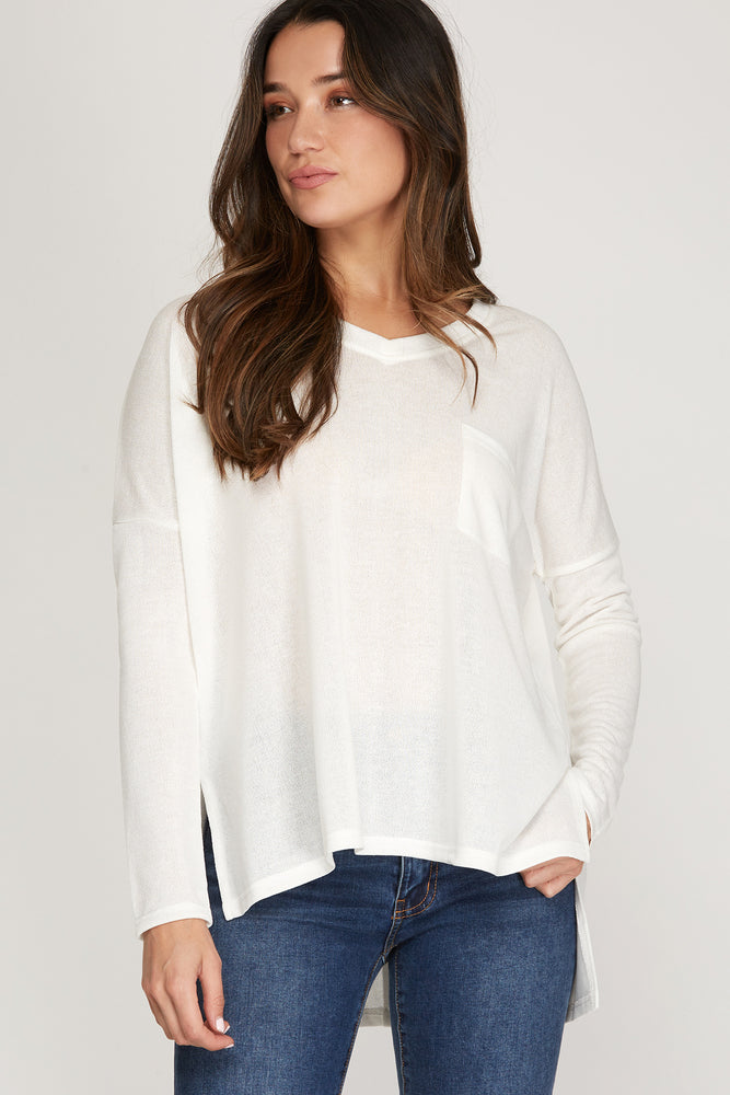 
            
                Load image into Gallery viewer, Long Sleeve V-Neck Knit Top - Off White
            
        